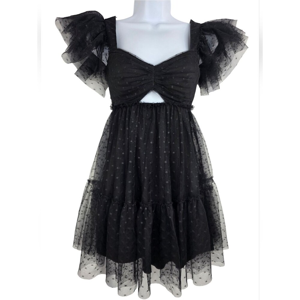 City Studio Black Swiss Dot Puff-Sleeve Mini Dress Size 0 Aj-3519